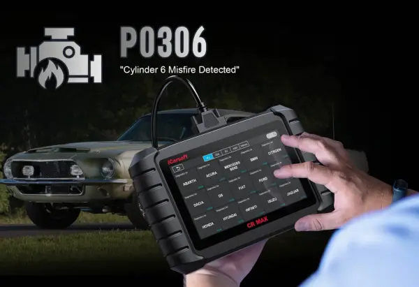 Diagnosing a P0306 code, "Cylinder 6 Misfire Detected," with an iCarsoft CR MAX scanner.