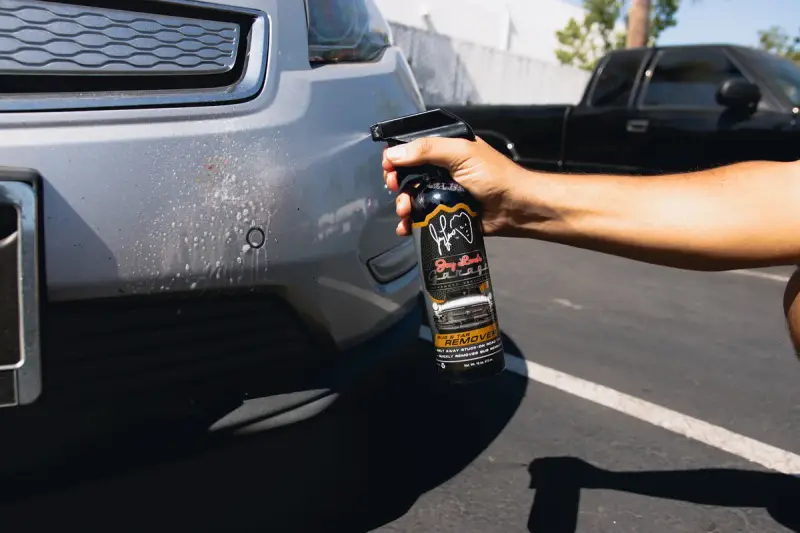 A hand sprays bug remover onto a car bumper, tackling stubborn bugs from a road trip.
