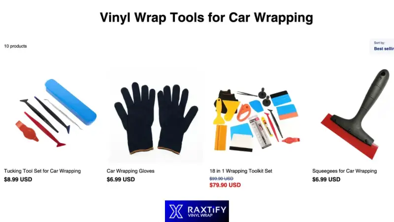 Tools you need to wrap a car: tucking tools, gloves, a comprehensive toolkit, and squeegees.