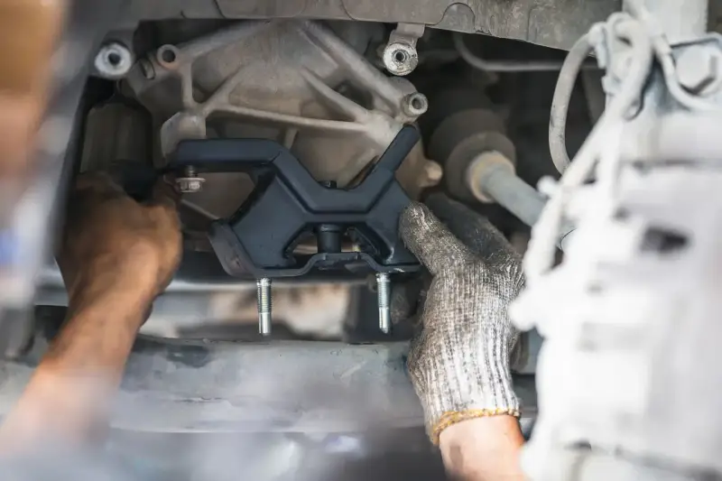 Mechanic installing a new engine mount. This repair is essential for smooth driving and can impact motor mount replacement cost.